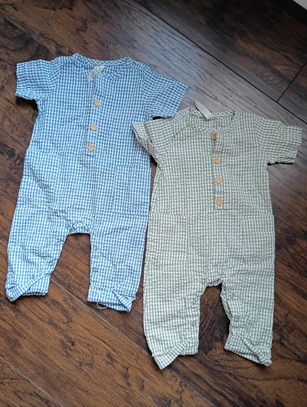 Liam & James 3-6 Months Baby Blue and Sage Green Gingham Baby Rompers - Set of 2